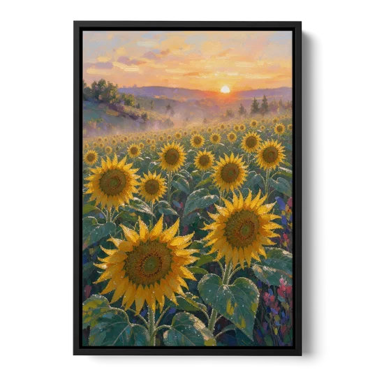 Sunflower Field Canvas at Dewy Sunrise - Black Framed Canvas Wall Art - Front