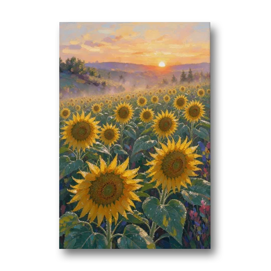 Sunflower Field Canvas at Dewy Sunrise - Canvas Wall Art - Front