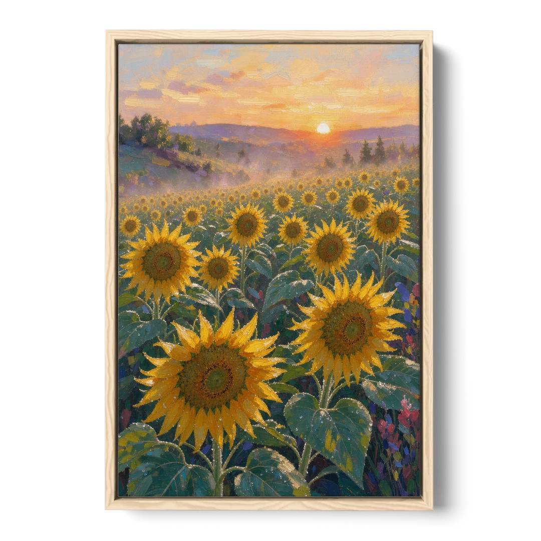 Sunflower Field Canvas at Dewy Sunrise - Oak Framed Canvas Wall Art - Front