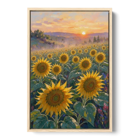 Sunflower Field Canvas at Dewy Sunrise - Oak Framed Canvas Wall Art - Front