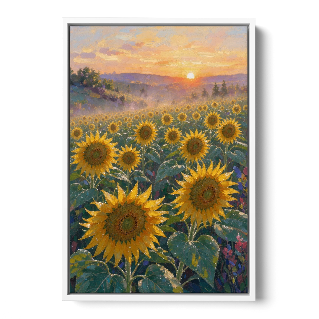Sunflower Field Canvas at Dewy Sunrise - White Framed Canvas Wall Art - Front