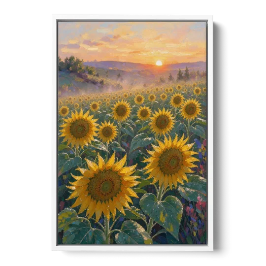 Sunflower Field Canvas at Dewy Sunrise - White Framed Canvas Wall Art - Front