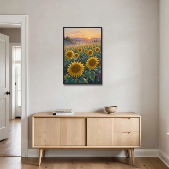 Sunflower Field Canvas at Dewy Sunrise - Black Framed Canvas Wall Art - Coffee Table - 24x36