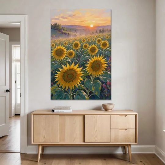 Sunflower Field Canvas at Dewy Sunrise - Canvas Wall Art - Coffee Table - 40x60
