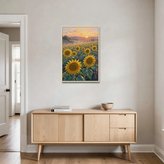 Sunflower Field Canvas at Dewy Sunrise - Oak Framed Canvas Wall Art - Coffee Table - 24x36