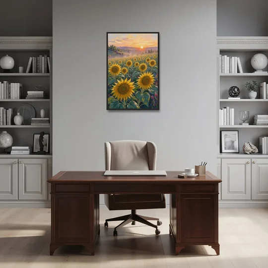 Sunflower Field Canvas at Dewy Sunrise - Black Framed Canvas Wall Art - Office - 24x36