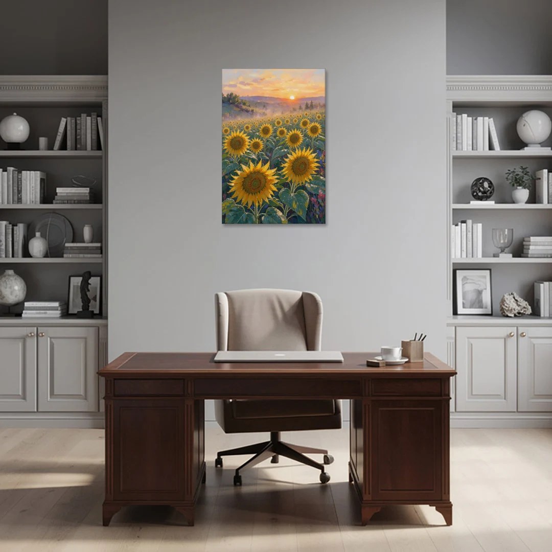 Sunflower Field Canvas at Dewy Sunrise - Canvas Wall Art - Office - 24x36
