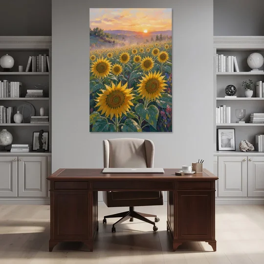 Sunflower Field Canvas at Dewy Sunrise - Canvas Wall Art - Office - 40x60