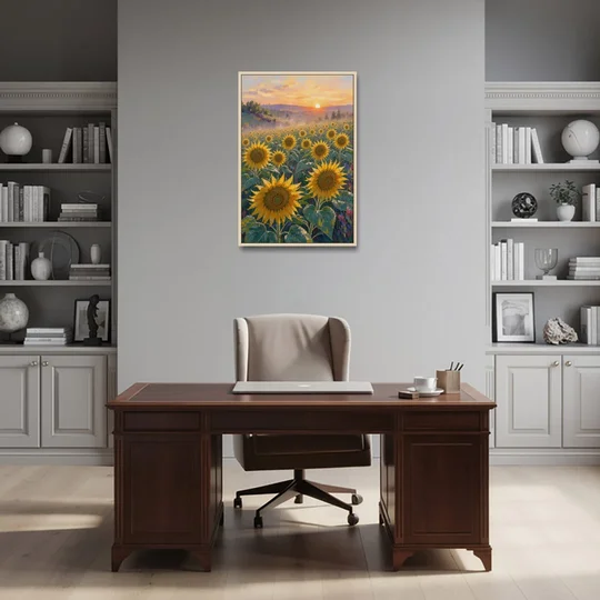 Sunflower Field Canvas at Dewy Sunrise - Oak Framed Canvas Wall Art - Office - 24x36