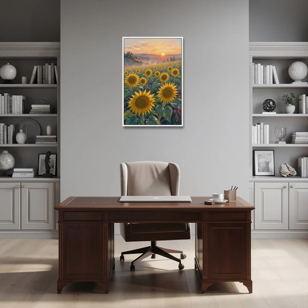 Sunflower Field Canvas at Dewy Sunrise - White Framed Canvas Wall Art - Office - 24x36