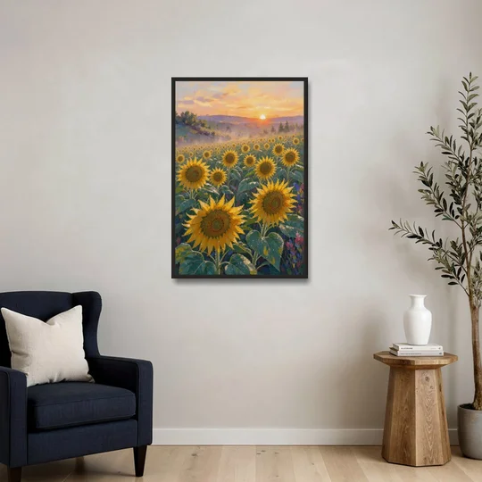 Sunflower Field Canvas at Dewy Sunrise - Black Framed Canvas Wall Art - Sofa - 24x36