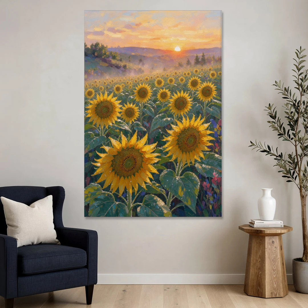 Sunflower Field Canvas at Dewy Sunrise - Canvas Wall Art - Sofa - 40x60