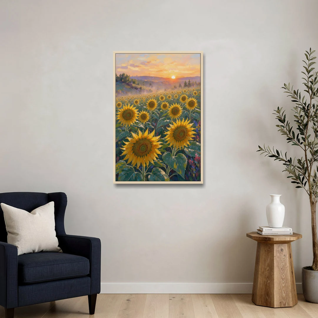 Sunflower Field Canvas at Dewy Sunrise - Oak Framed Canvas Wall Art - Sofa - 24x36