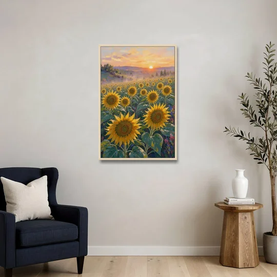 Sunflower Field Canvas at Dewy Sunrise - Oak Framed Canvas Wall Art - Sofa - 24x36