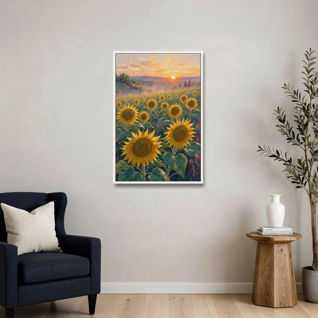 Sunflower Field Canvas at Dewy Sunrise - White Framed Canvas Wall Art - Sofa - 24x36