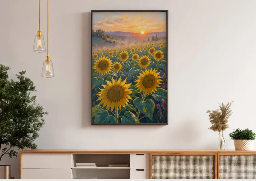 Sunflower Field Canvas at Dewy Sunrise canvas wall art above a wooden sideboard under pendant lights