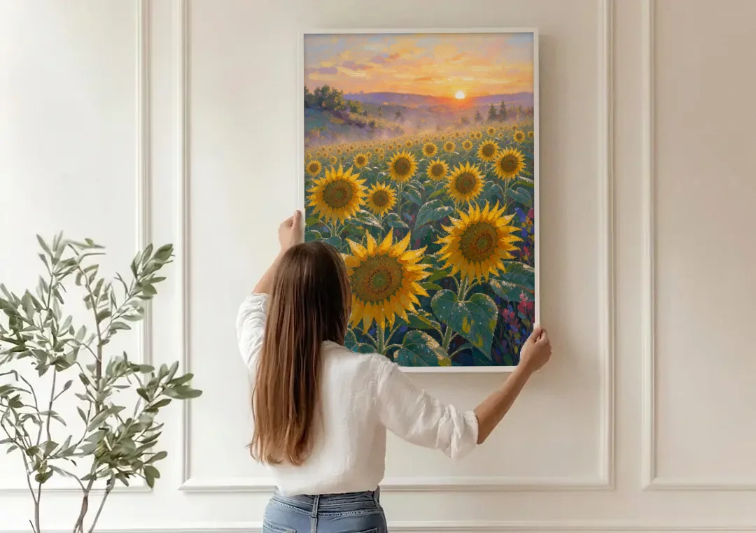 Sunflower Field Canvas at Dewy Sunrise canvas wall art being hung on a paneled wall