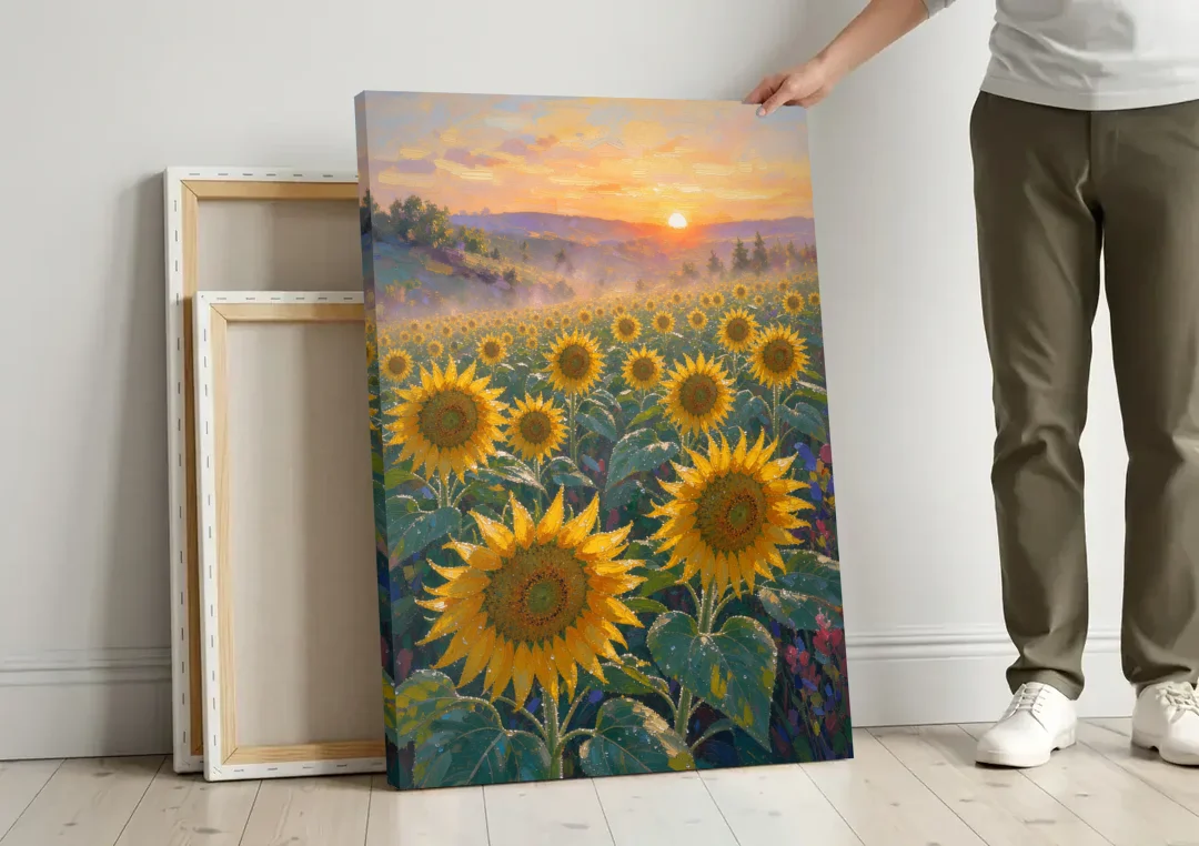 Sunflower Field Canvas at Dewy Sunrise canvas wall art leaning against a wall next to blank canvases
