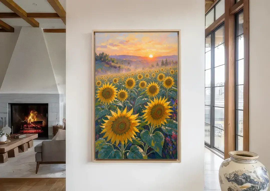 Sunflower Field Canvas at Dewy Sunrise canvas wall art in a living room with a fireplace