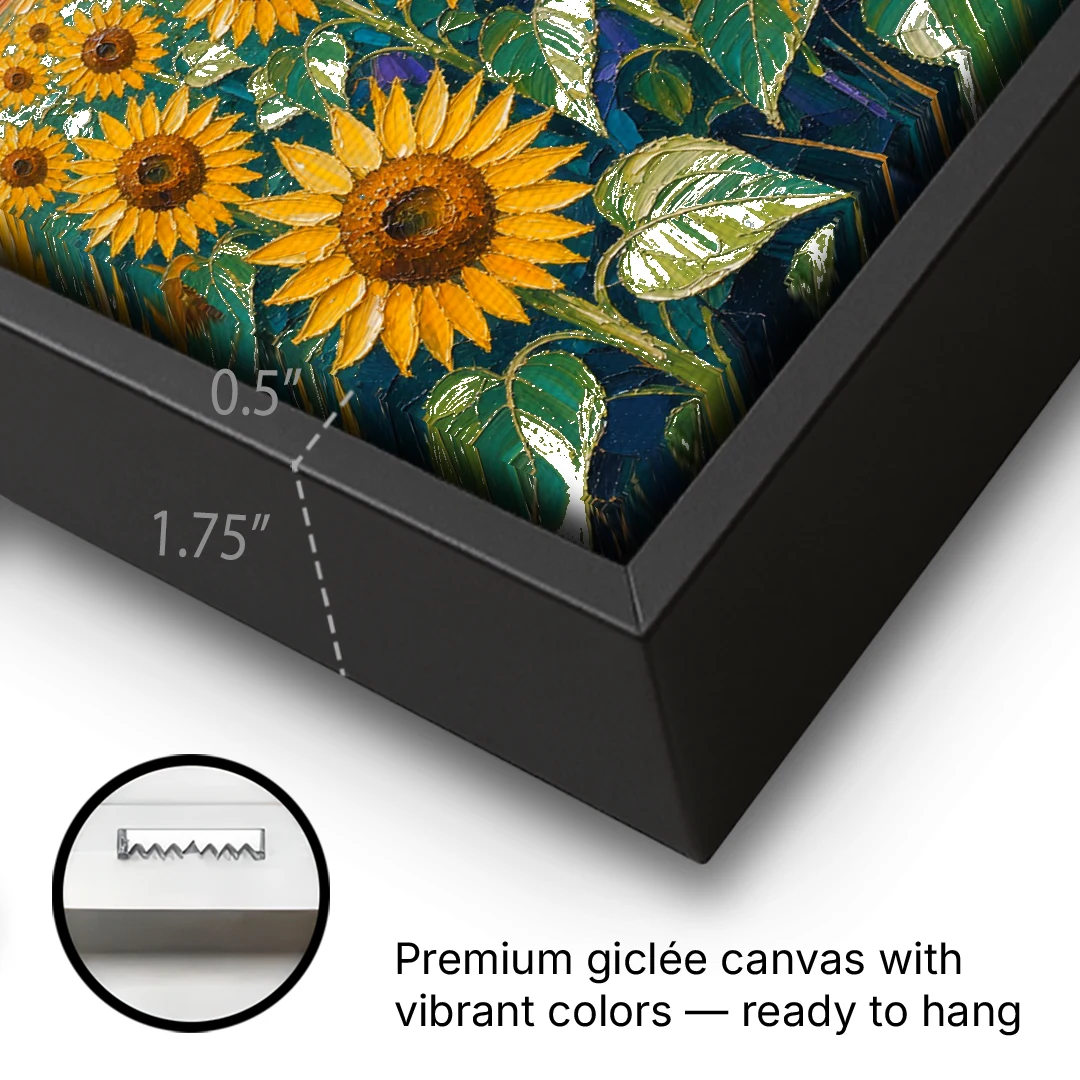 Sunflower Field Painting Under a Turquoise Sky - Black Framed Canvas Wall Art - Gallery Wrap Corner