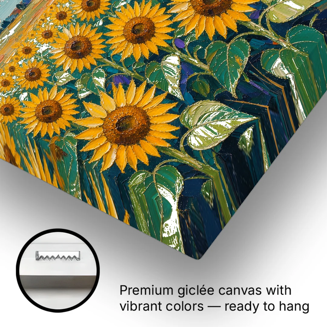 Sunflower Field Painting Under a Turquoise Sky - Canvas Wall Art - Gallery Wrap Corner