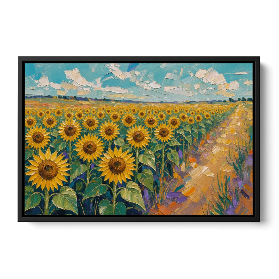 Sunflower Field Painting Under a Turquoise Sky - Black Framed Canvas Wall Art - Front