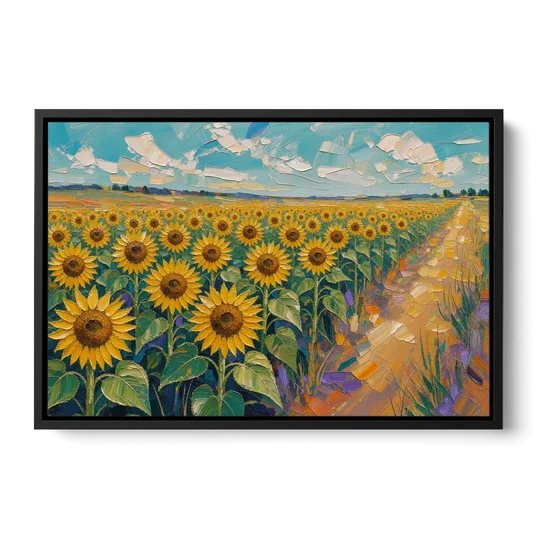 Sunflower Field Painting Under a Turquoise Sky - Black Framed Canvas Wall Art - Front