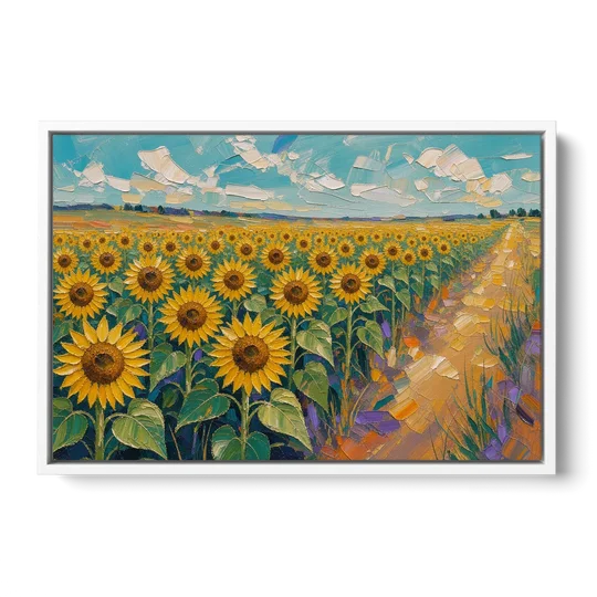 Sunflower Field Painting Under a Turquoise Sky - White Framed Canvas Wall Art - Front