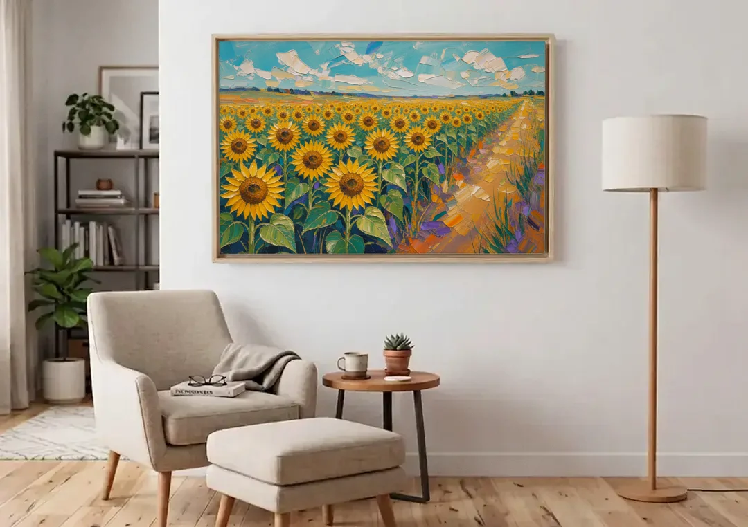 Sunflower Field Painting Under a Turquoise Sky canvas wall art above an armchair in a bright living room