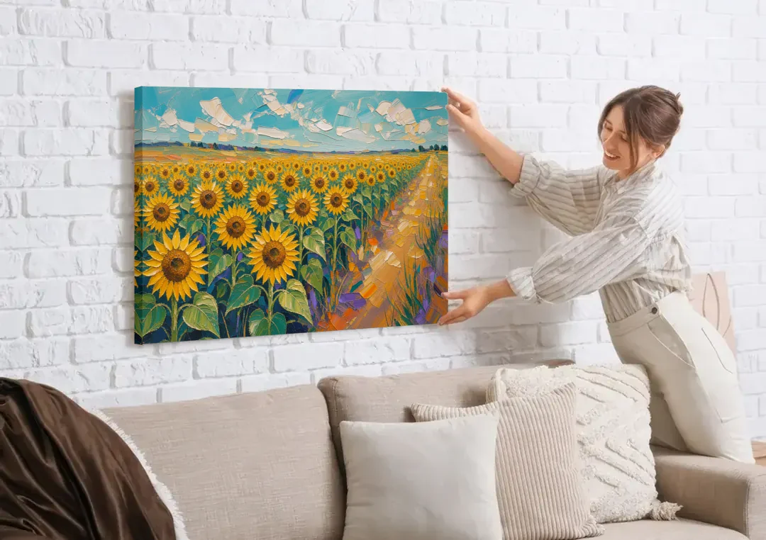 Sunflower Field Painting Under a Turquoise Sky canvas wall art being hung on a white brick wall above a sofa