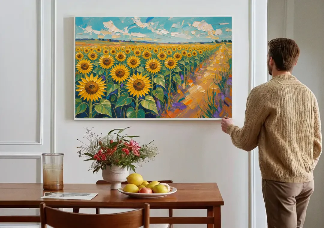 Sunflower Field Painting Under a Turquoise Sky canvas wall art above a dining table