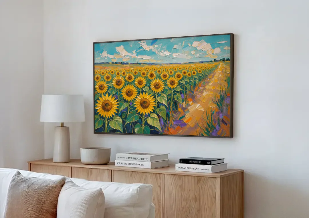 Sunflower Field Painting Under a Turquoise Sky canvas wall art above a wooden sideboard next to a sofa