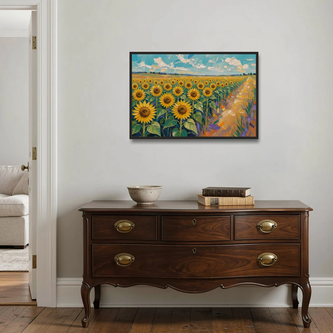 Sunflower Field Painting Under a Turquoise Sky - Black Framed Canvas Wall Art - Coffee Table - 36x24