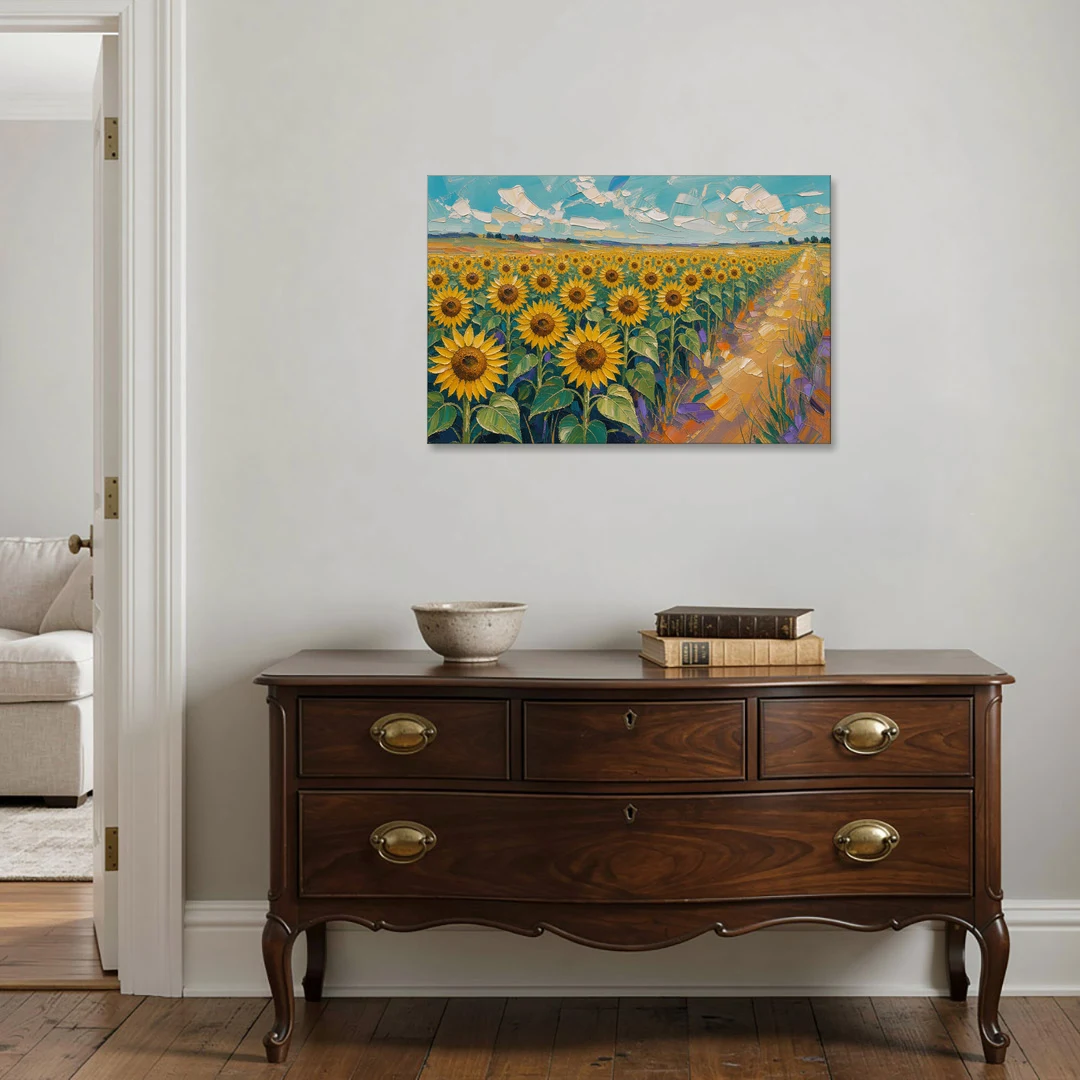 Sunflower Field Painting Under a Turquoise Sky - Canvas Wall Art - Coffee Table - 36x24