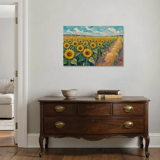 Sunflower Field Painting Under a Turquoise Sky - Canvas Wall Art - Coffee Table - 36x24