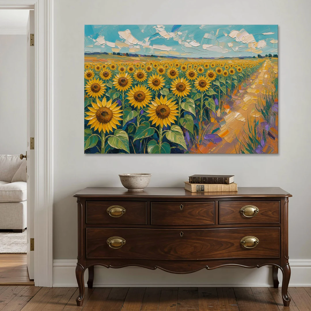Sunflower Field Painting Under a Turquoise Sky - Canvas Wall Art - Coffee Table - 60x40