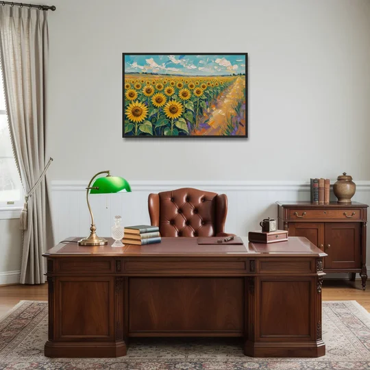 Sunflower Field Painting Under a Turquoise Sky - Black Framed Canvas Wall Art - Office - 36x24
