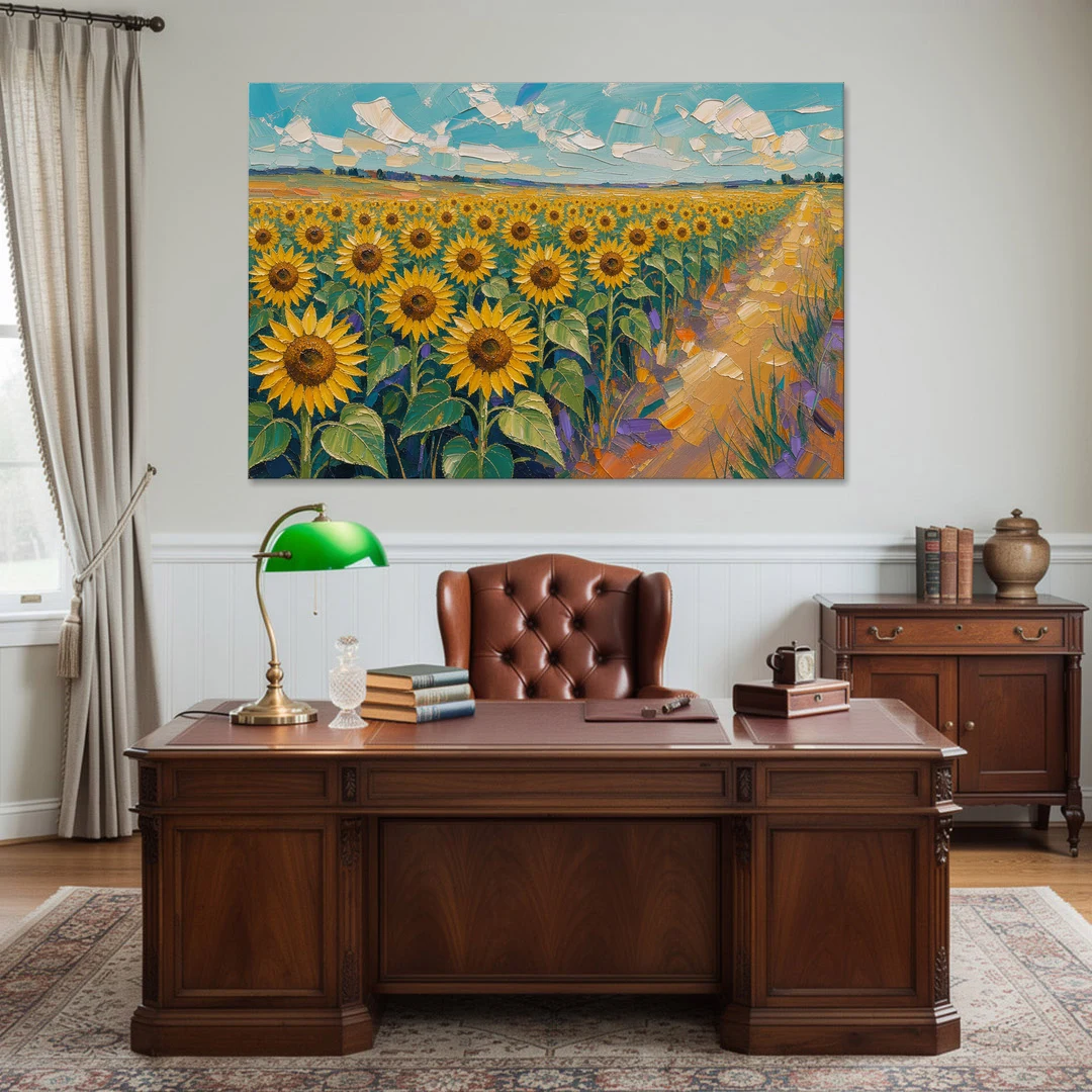 Sunflower Field Painting Under a Turquoise Sky - Canvas Wall Art - Office - 60x40