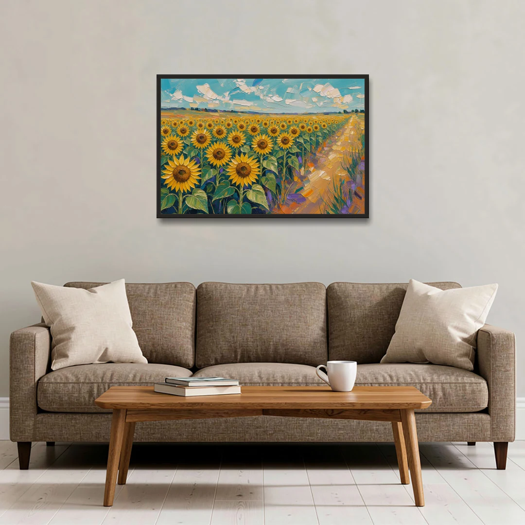 Sunflower Field Painting Under a Turquoise Sky - Black Framed Canvas Wall Art - Sofa - 36x24