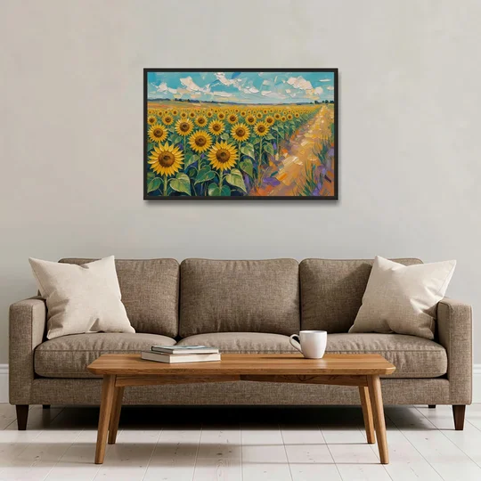 Sunflower Field Painting Under a Turquoise Sky - Black Framed Canvas Wall Art - Sofa - 36x24