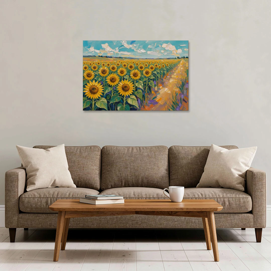 Sunflower Field Painting Under a Turquoise Sky - Canvas Wall Art - Sofa - 36x24
