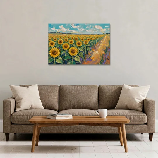 Sunflower Field Painting Under a Turquoise Sky - Canvas Wall Art - Sofa - 36x24