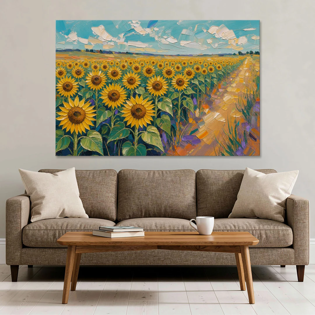 Sunflower Field Painting Under a Turquoise Sky - Canvas Wall Art - Sofa - 60x40