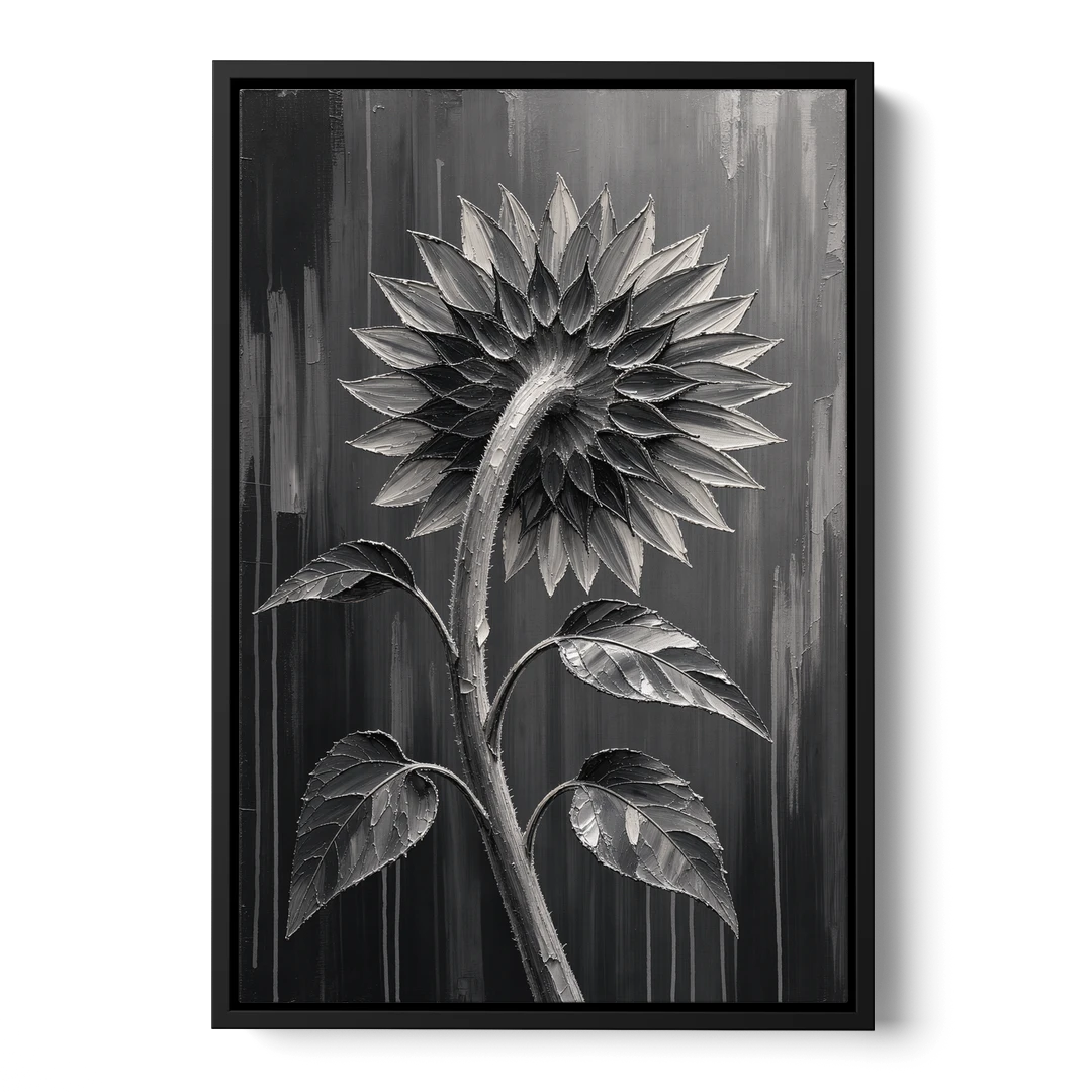 Sunflower From Behind in Silver Impasto - Black Framed Canvas Wall Art - Front
