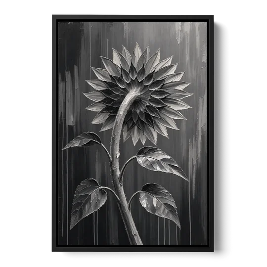 Sunflower From Behind in Silver Impasto - Black Framed Canvas Wall Art - Front