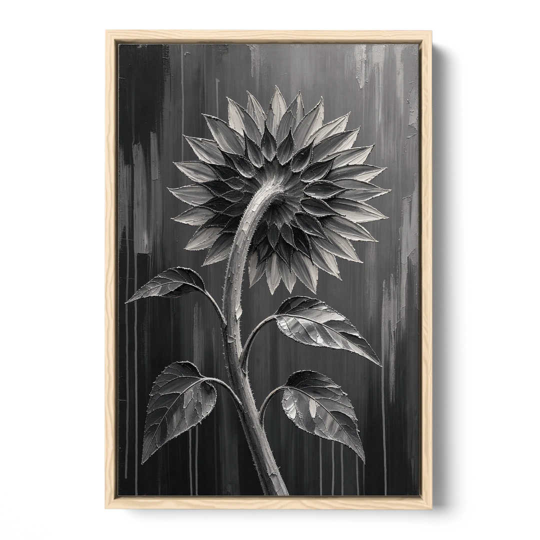 Sunflower From Behind in Silver Impasto - Oak Framed Canvas Wall Art - Front