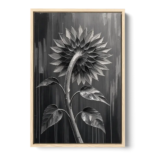 Sunflower From Behind in Silver Impasto - Oak Framed Canvas Wall Art - Front