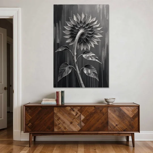 Sunflower From Behind in Silver Impasto - Canvas Wall Art - Coffee Table - 40x60