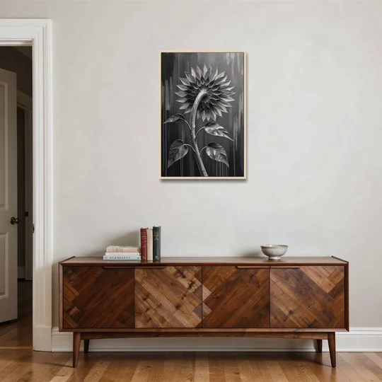 Sunflower From Behind in Silver Impasto - Oak Framed Canvas Wall Art - Coffee Table - 24x36