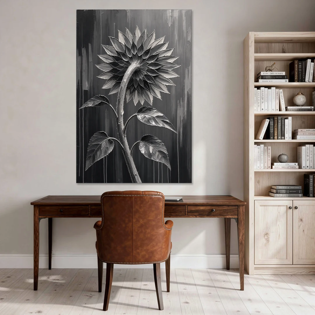 Sunflower From Behind in Silver Impasto - Canvas Wall Art - Office - 40x60